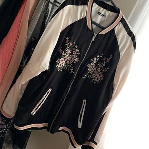 Black floral satin bomber jacket